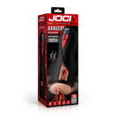 Jock Banger Sucking and Vibrating Pussy Masturbator packaging featuring suction and vibration controls.