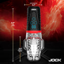 Jock Power Suck Sucking and Vibrating Masturbator with detailed size and feature dimensions on a fiery background.