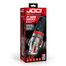 Jock Power Suck Sucking and Vibrating Masturbator packaging featuring suction modes and dual-bullet vibrations.