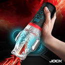 Close-up of Jock Power Suck Sucking and Vibrating Masturbator with digital controls and textured design.