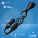 Hype Max Thrusting Vibrating Anal Plug with Cock Ring features splashproof design, latex and phthalate-free material, dimensions detailed.
