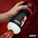 Jock Ultra Suck Sucking and Vibrating Masturbator Black in use, showcasing automatic suction and vibration features.