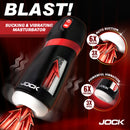 Jock BLAST Sucking Vibrating Masturbator Black showcasing suction and vibration features with colorful graphics.