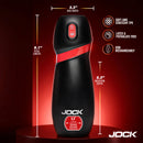 Jock BLAST Sucking Vibrating Masturbator Black showcasing dimensions and features on a red background.