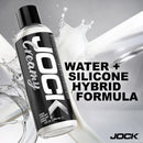 JOCK Creamy Cum Hybrid Lubricant 8 Oz in splash with water and silicone hybrid formula displayed on the bottle.