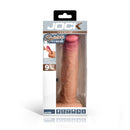 Jock 9.75 Inch Ejaculating Silicone Dildo Flesh in packaging with details of realistic skin and squirting feature.
