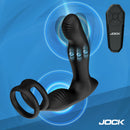 Jock P-Drive Rocking Prostate Vibrator with Cock Ring featuring three motors and wireless remote control on a vibrant background.