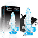 Doctor Love Zinger Dual Vibrating Sleeve Clear with packaging and accessories next to it on a white background.