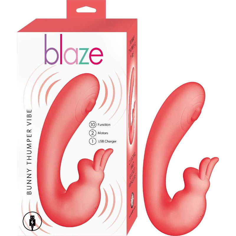 Blaze Bunny Thumper Vibe Coral dual stimulator with fluttery ears and thumper pad, featuring 10 functions and dual motors.
