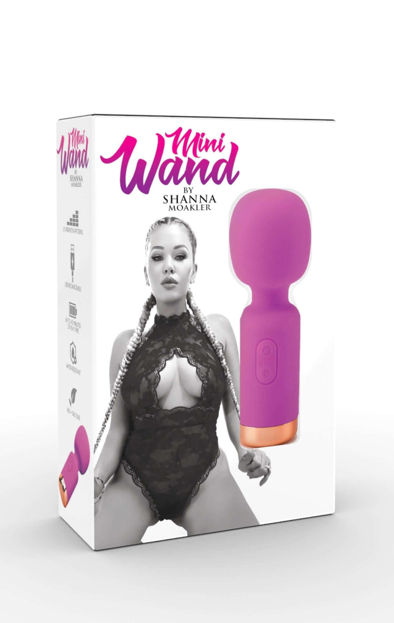 Shanna Moakler Mini Wand packaging featuring a compact purple vibrator and product image.
