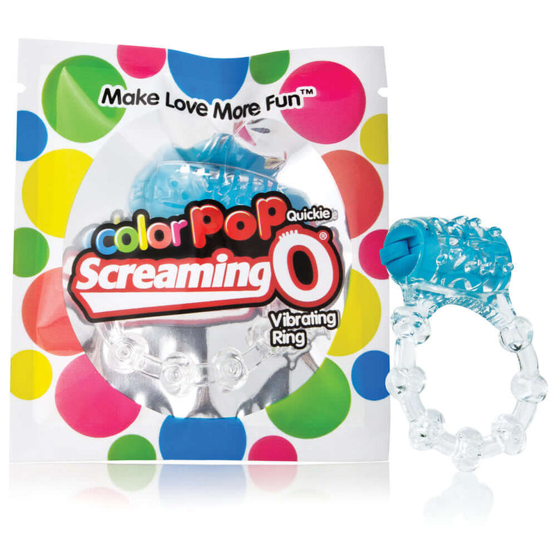 Color Pop Quickie Screaming O Vibrating Ring in blue packaging, featuring a silicone cock ring for enhanced mutual pleasure.