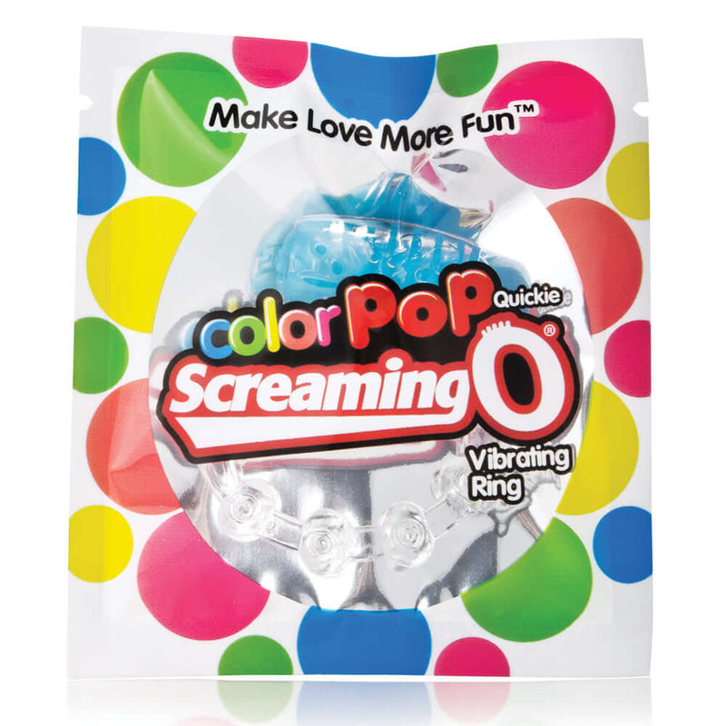 Color Pop Quickie Screaming O vibrating ring packaging in blue with colorful polka dots, promoting fun and intimacy.