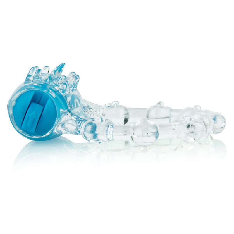 Color Pop Quickie Screaming O Vibrating Ring, silicone cock ring with pleasure knobs and ticklers, blue and clear design.