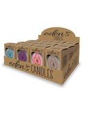 Eden's Candles Vjay Vanilla Scented 12 Piece Display featuring playful vulva-inspired candles in assorted colors.