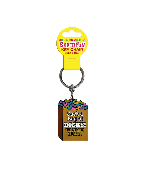 "Super Fun Key Chain Suck a Bag by Little Genie, cheeky keyring accessory with playful design."