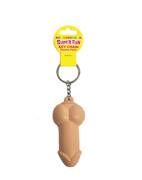 Super Fun Key Chain Squishy Penis with packaging and keyring, a playful novelty accessory by Little Genie.