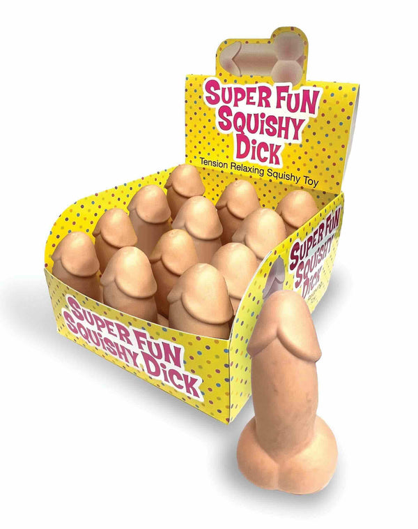 Display of 12 Super Fun Squishy Penis toys in a colorful box, perfect for stress relief and sensory fun.