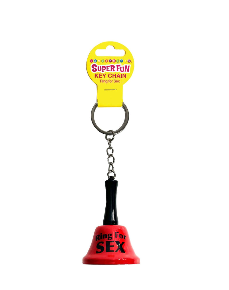 Red novelty key chain with bell labeled "Ring for Sex" from Little Genie, featuring a playful, cheeky design.