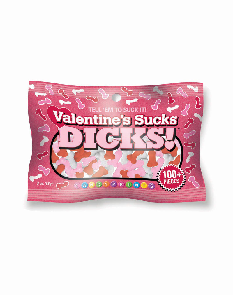 Bag of Valentine’s Sucks Dicks Candy with cheeky design and playful treats for anti-Valentine's Day fun.