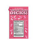 Valentine's Sucks Dicks Candy package with playful design and nutrition facts, perfect for a cheeky Valentine's Day treat.