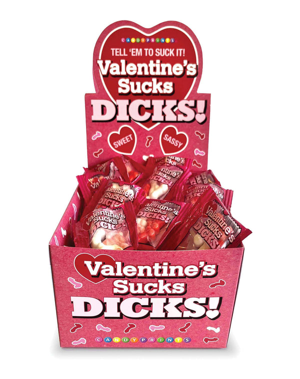 Valentine's Sucks Dicks Candy Display featuring 100 cheeky mini packs, perfect for embracing a fun, cynical twist on Valentine's Day.