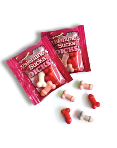 Valentine's Sucks Dicks candy display with cheeky, colorful candies and playful packaging for a humorous Valentine's Day treat.