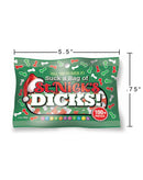 Green bag of St. Nick's Dicks Candy, phallic-shaped holiday sweets, 100 pieces, 3oz, with festive design and humorous theme.