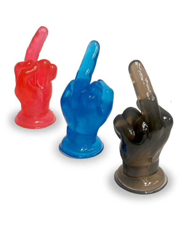 Meet the FU Middle Finger Flickers Fidget Toy 24 pc in red, blue, and black colors displayed on a white background.