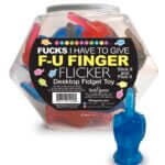 Meet the FU Middle Finger Flickers Fidget Toy 24 pc in a colorful container with a blue flicker visible