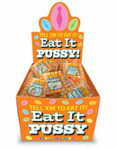 Eat it Pussy Candy Display 100 Pc featuring colorful candy packets in a vibrant display box.