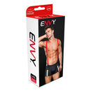 Envy Fireman Costume Bottom With Suspenders L/XL Navy Red packaging featuring a model in suspenders and trunks.