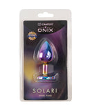 Camtoyz Solari Anal Plug Rainbow in packaging with iridescent finish for eye-catching appeal.