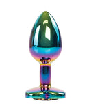 Camtoyz Solari Anal Plug Rainbow showcasing its polished stainless steel and iridescent finish.