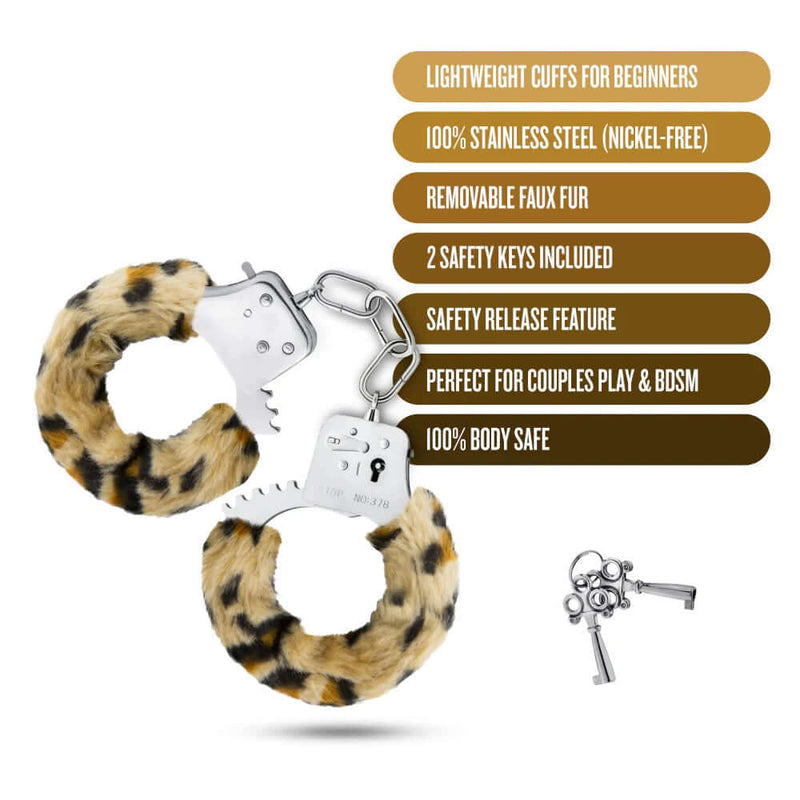 Temptasia Beginner Cuffs Leopard with Key Features: Lightweight, 100% Stainless Steel, Removable Faux Fur, Safety Release, Includes 2 Keys