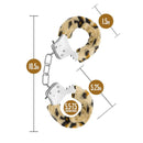 Leopard print beginner cuffs with adjustable design, safety features, and dimensions in inches: 10.5 length, 5.25 width, 1.5 thickness, 5.5-7.5 circumference.
