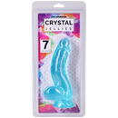 Crystal Jellies Curved Realistic Cock With Balls 7 Inch Teal in packaging showcasing its translucent design.