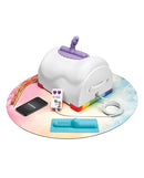 The Cowgirl Unicorn Premium Sex Machine displayed with accessories on a colorful circular mat.