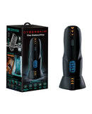 CyberSkin GalaxyVoy Thrusting and Rotating Masturbator Black packaging and device featuring heating and textured stimulation.