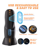 CyberSkin GalaxyVoy Thrusting and Rotating Masturbator Black features USB recharge, speed and mode buttons for customizable pleasure.