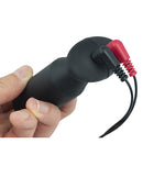 ElectraStim Cable with 90 Degree Plugs held in hand, showcasing right-angle connectors for comfortable use.