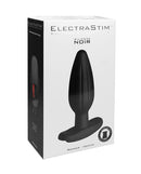 ElectraStim Silicone Noir Rocker Butt Plug Medium product packaging featuring electro-stimulation design.