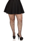 Leg Avenue Colby Rhinestone Fishnet Tights 1X/2X Black showcased with a black skirt and high heels, highlighting their glamorous design.