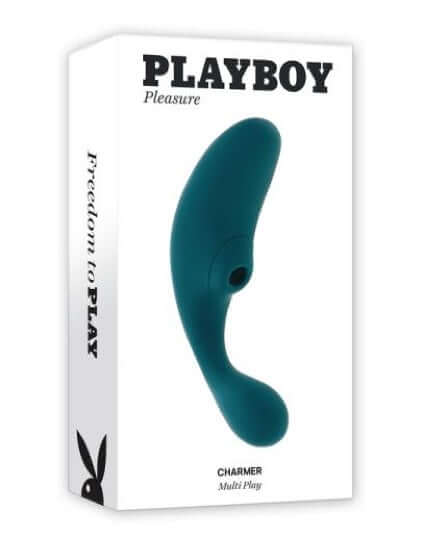 Playboy Charmer dual vibrator with clitoral suction and flexible shaft in packaging. Waterproof and rechargeable adult toy for personalized pleasure.