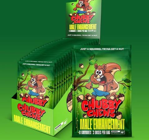 Chubby Chews Male Enhancement gummies display with playful squirrel design on vibrant green background.