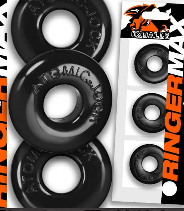 Black Oxballs Ringer Max 3-Pack Cockrings featuring Atomic-Jock branding, thicker and stronger stretchy rings for enhanced performance.