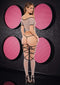 Woman wearing grey see-through crop top, G-string, and thigh-high stockings set by Lapdance Lingerie in front of pink and black wall decor