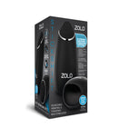 Zolo Stickshift Vibrating Thrusting Masturbator Black packaging showcasing features and design of the male stimulator.