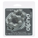 Alpha Liquid Silicone 3 Ring Endurance Set Grey packaging featuring premium pleasure rings for enhanced intimacy.