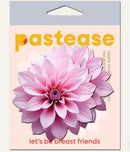 Tropical Pink Dahlia Botanical Flower Breast Pasties packaging with slogan 'let's be breast friends' and floral design.