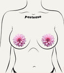 Tropical Pink Dahlia Botanical Flower Breast Pasties on a silhouette model, showcasing floral design for bold fashion.